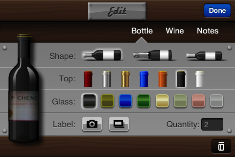 Для це в програмі реалізовані спеціальні інструменти: вибір пляшки з трьох шаблонів (винна велика, мала і для шипучих вин), вибір кольору бутлі і кришки, можливість сфотографувати етикетку і помістити її на віртуальний посудину